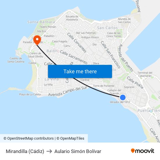 Mirandilla (Cádiz) to Aulario Simón Bolívar map