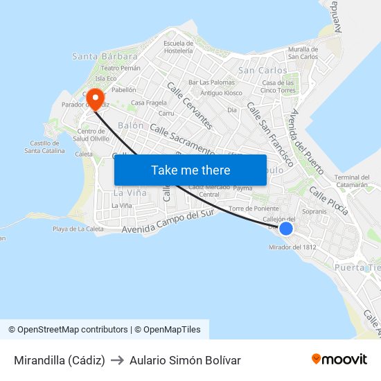 Mirandilla (Cádiz) to Aulario Simón Bolívar map