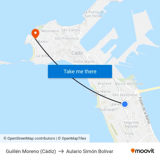 Guillén Moreno (Cádiz) to Aulario Simón Bolívar map