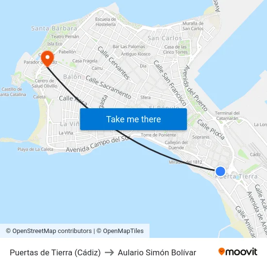 Puertas de Tierra (Cádiz) to Aulario Simón Bolívar map