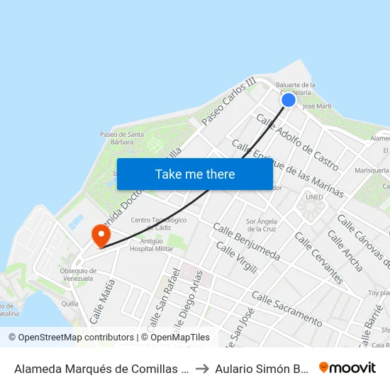 Alameda Marqués de Comillas (Cádiz) to Aulario Simón Bolívar map
