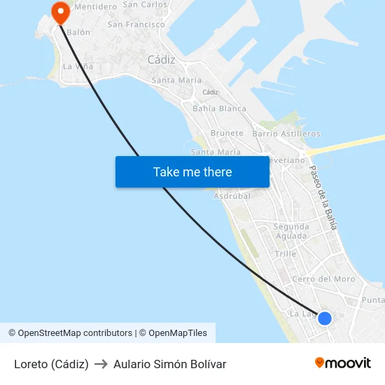 Loreto (Cádiz) to Aulario Simón Bolívar map
