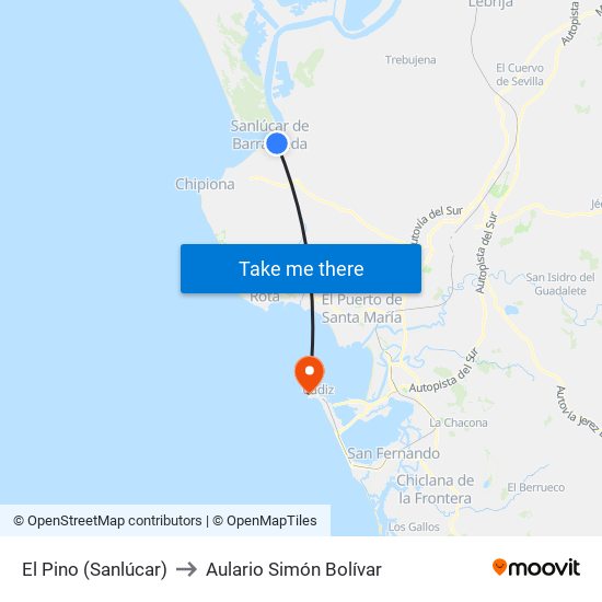 El Pino (Sanlúcar) to Aulario Simón Bolívar map