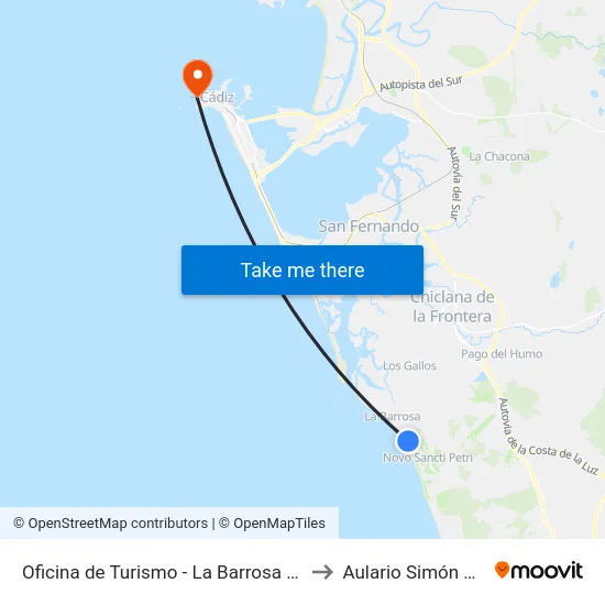 Oficina de Turismo - La Barrosa (Chiclana) to Aulario Simón Bolívar map