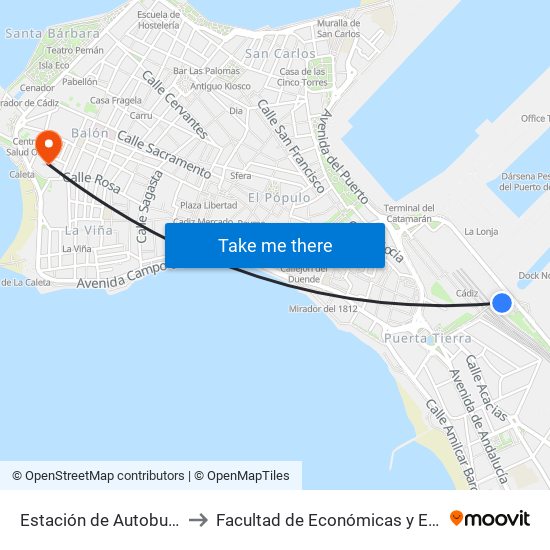 Estación de Autobuses Cádiz to Facultad de Económicas y Empresariales map