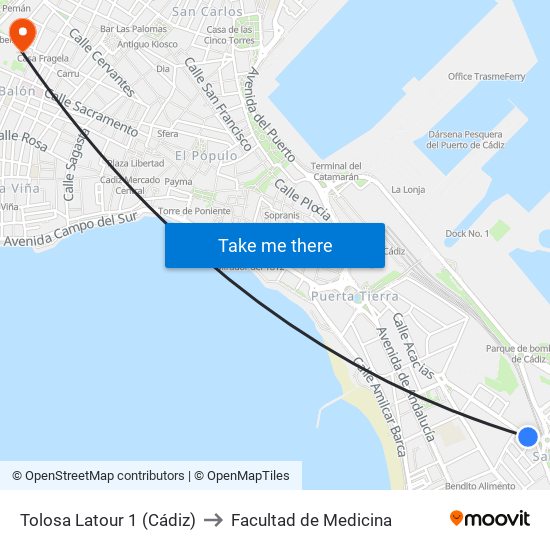 Tolosa Latour 1 (Cádiz) to Facultad de Medicina map