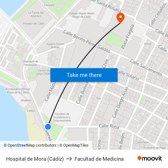 Hospital de Mora (Cádiz) to Facultad de Medicina map