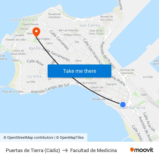 Puertas de Tierra (Cádiz) to Facultad de Medicina map