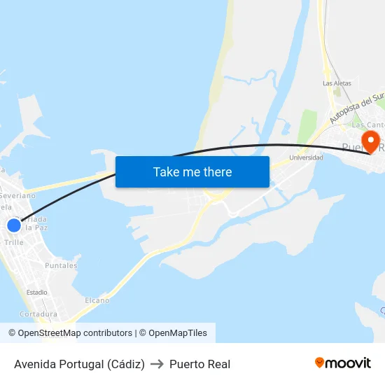 Avenida Portugal (Cádiz) to Puerto Real map