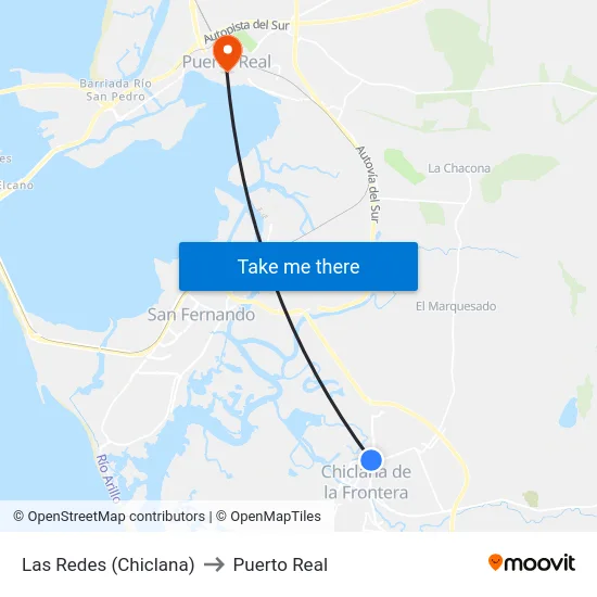 Las Redes (Chiclana) to Puerto Real map