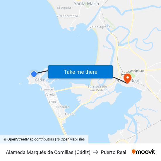 Alameda Marqués de Comillas (Cádiz) to Puerto Real map