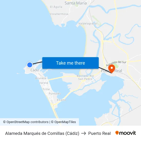 Alameda Marqués de Comillas (Cádiz) to Puerto Real map