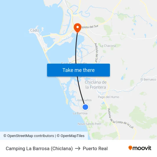 Camping La Barrosa (Chiclana) to Puerto Real map