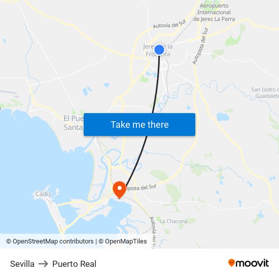 Sevilla to Puerto Real map