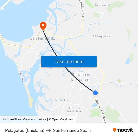 Pelagatos (Chiclana) to San Fernando Spain map