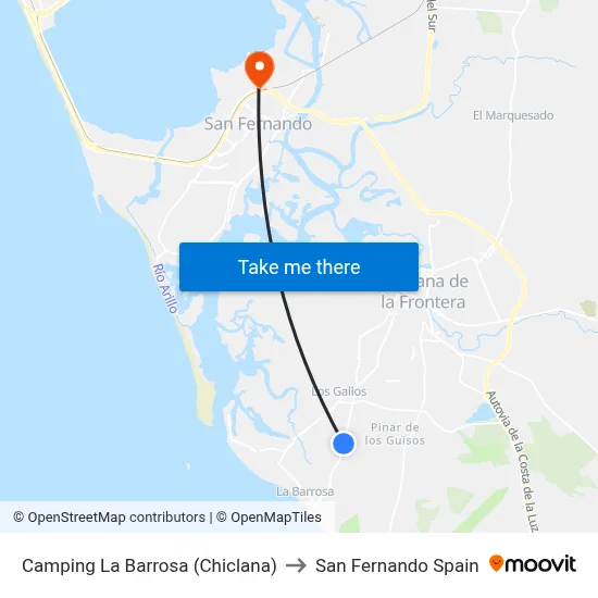 Camping La Barrosa (Chiclana) to San Fernando Spain map
