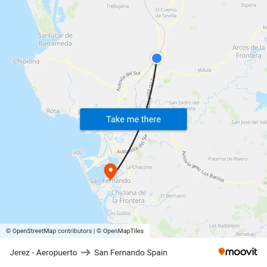 Jerez - Aeropuerto to San Fernando Spain map