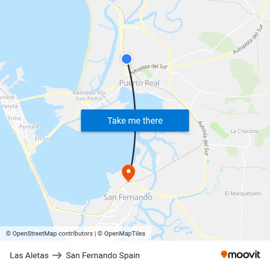 Las Aletas to San Fernando Spain map
