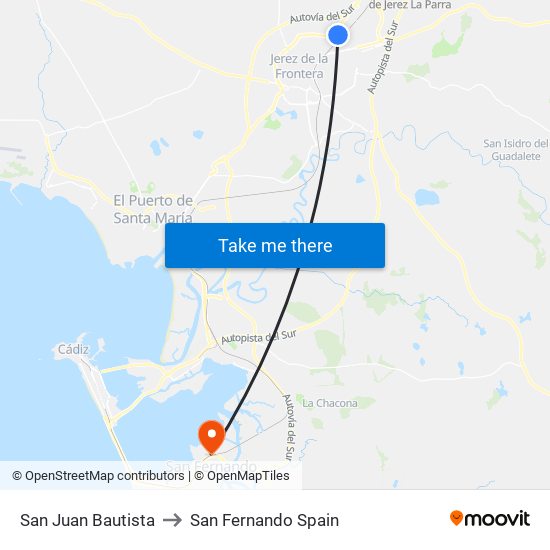 San Juan Bautista to San Fernando Spain map