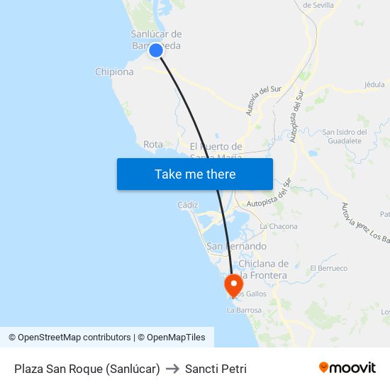 Plaza San Roque (Sanlúcar) to Sancti Petri map