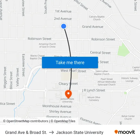 Grand Ave & Broad St. to Jackson State University map