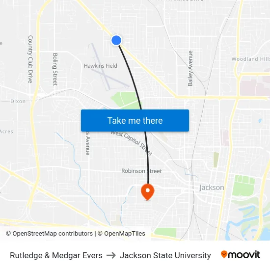 Rutledge & Medgar Evers to Jackson State University map