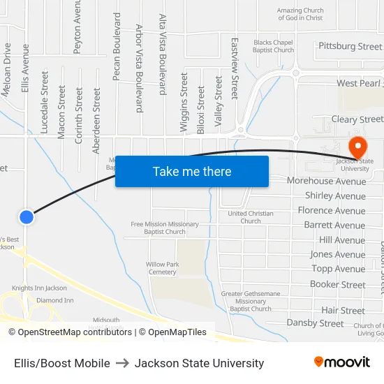 Ellis/Boost Mobile to Jackson State University map