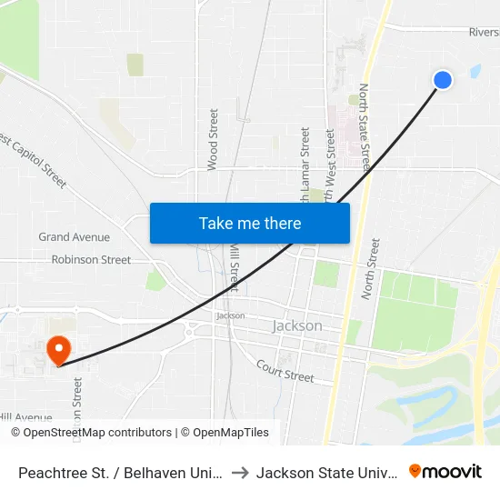 Peachtree St. / Belhaven University to Jackson State University map