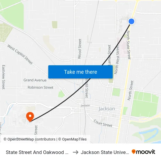 State Street And Oakwood Street to Jackson State University map