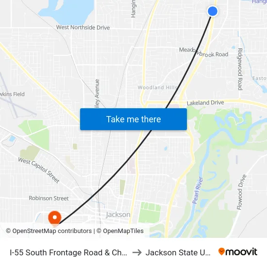 I-55 South Frontage Road & Chastain Drive to Jackson State University map