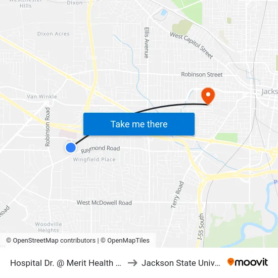 Hospital Dr. @ Merit Health Center to Jackson State University map