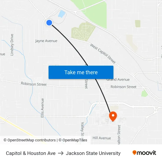 Capitol & Houston Ave to Jackson State University map