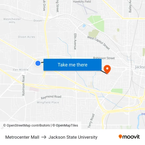Metrocenter Mall to Jackson State University map