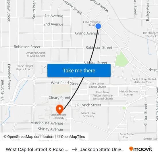 West Capitol Street & Rose Street to Jackson State University map