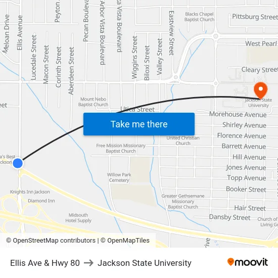 Ellis Ave & Hwy 80 to Jackson State University map