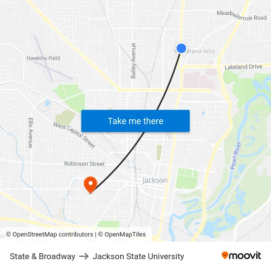 State & Broadway to Jackson State University map