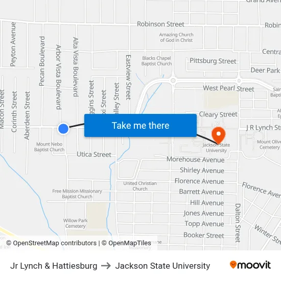 Jr Lynch & Hattiesburg to Jackson State University map