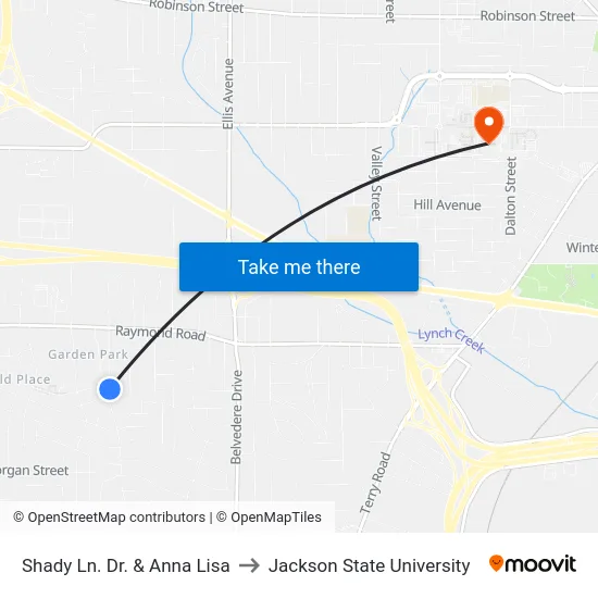 Shady Ln. Dr. & Anna Lisa to Jackson State University map