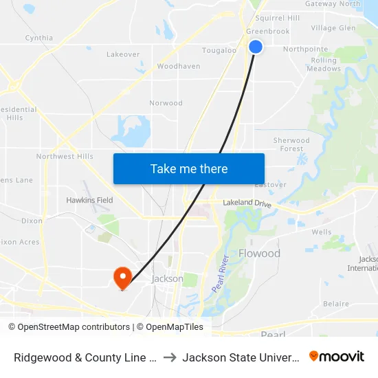 Ridgewood & County Line Rd. to Jackson State University map
