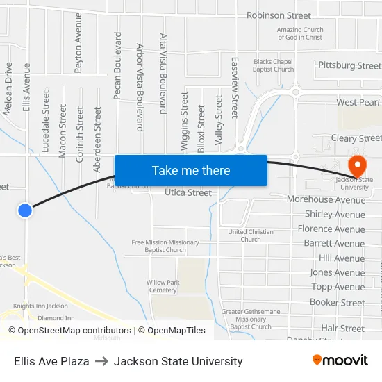 Ellis Ave Plaza to Jackson State University map