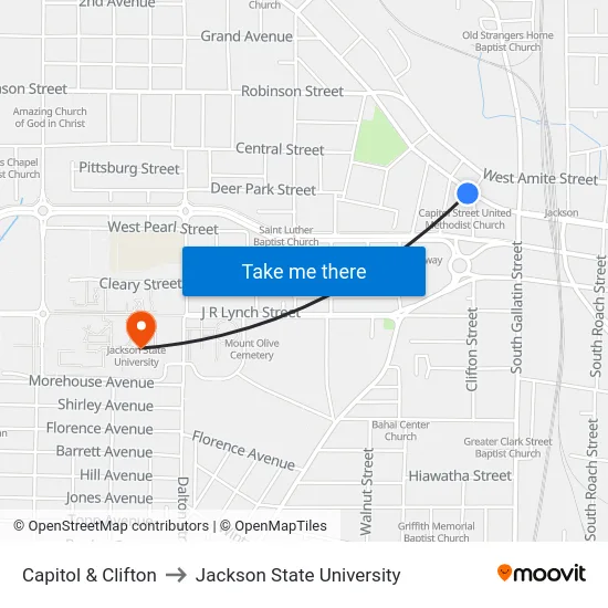 Capitol & Clifton to Jackson State University map