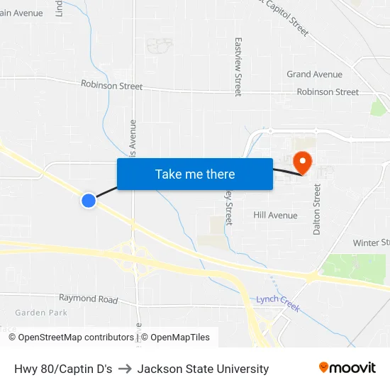 Hwy 80/Captin D's to Jackson State University map