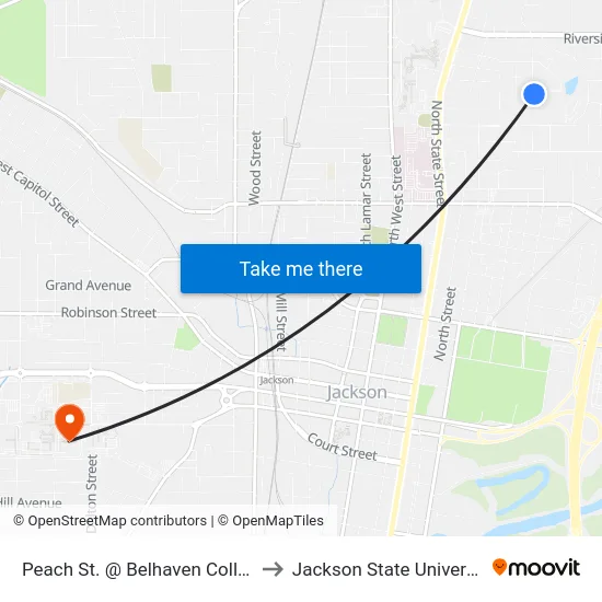 Peach St. @ Belhaven College to Jackson State University map