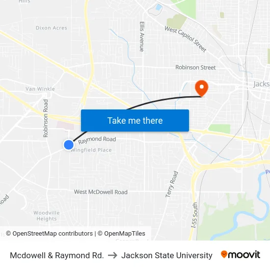 Mcdowell & Raymond Rd. to Jackson State University map