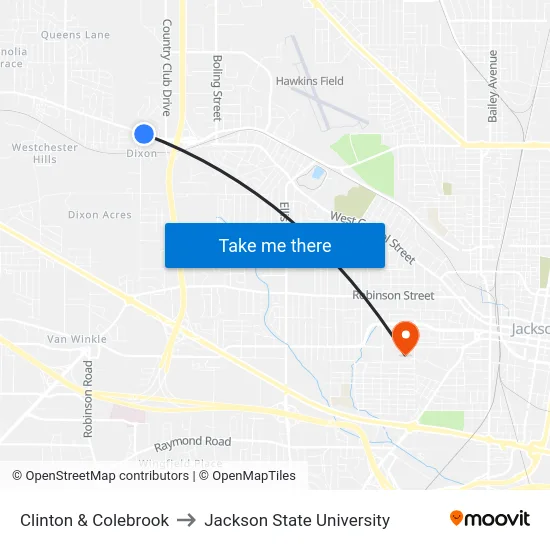Clinton & Colebrook to Jackson State University map