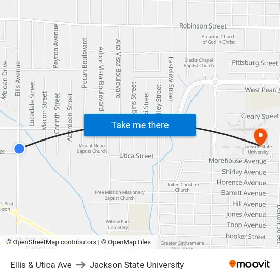 Ellis & Utica Ave to Jackson State University map
