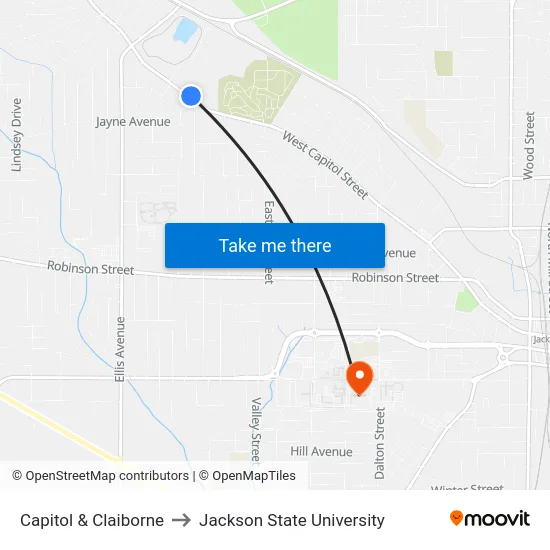 Capitol & Claiborne to Jackson State University map