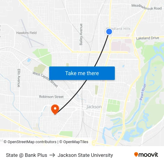State @ Bank Plus to Jackson State University map