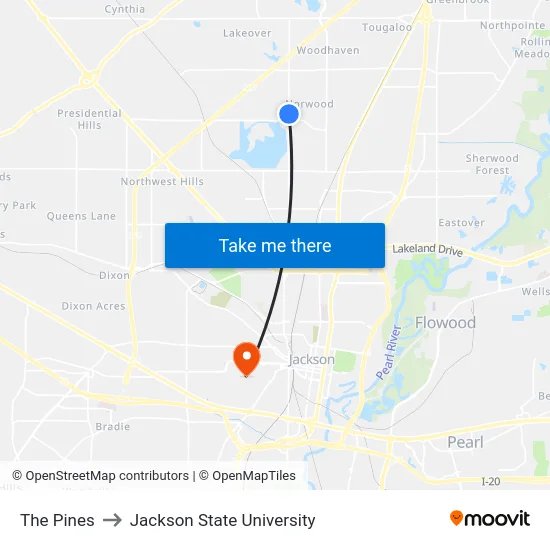 The Pines to Jackson State University map