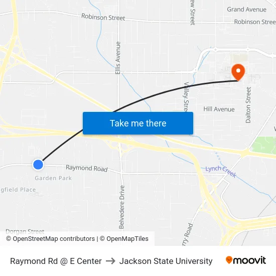 Raymond Rd @ E Center to Jackson State University map